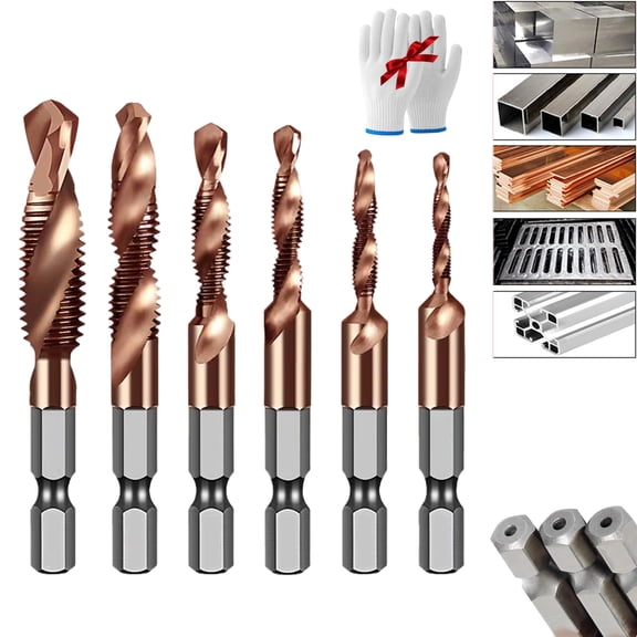 6PCS Cobalt Drill Bit Set, 3-in-1 Drill and Tap Set for Drilling, Tapping, Countersinking, Multipurpose Spiral Cutting Hex Shank Bit for Metal, Plastic, Drywall (1Set)