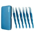 thumbnail image 1 of 6PCS Complete Blue Titanium Coated Eyelash Extension Tweezers Set With Blue Metallic Magnetic Pouch, 1 of 8