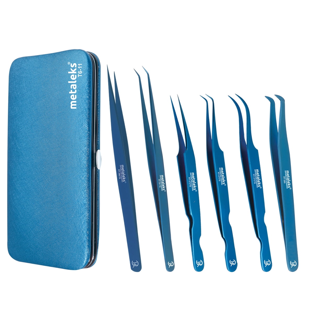 6PCS Complete Blue Titanium Coated Volume Tweezers Eyelash Extension Set With Blue Metallic Magnetic Pouch