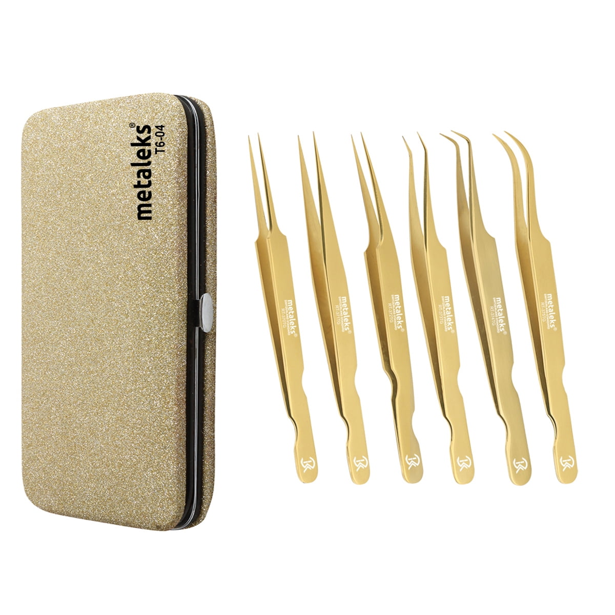 6PCS Complete Gold Titanium Coated Eyelash Extension Tweezers Set With Glitter Brown Magnetic Pouch
