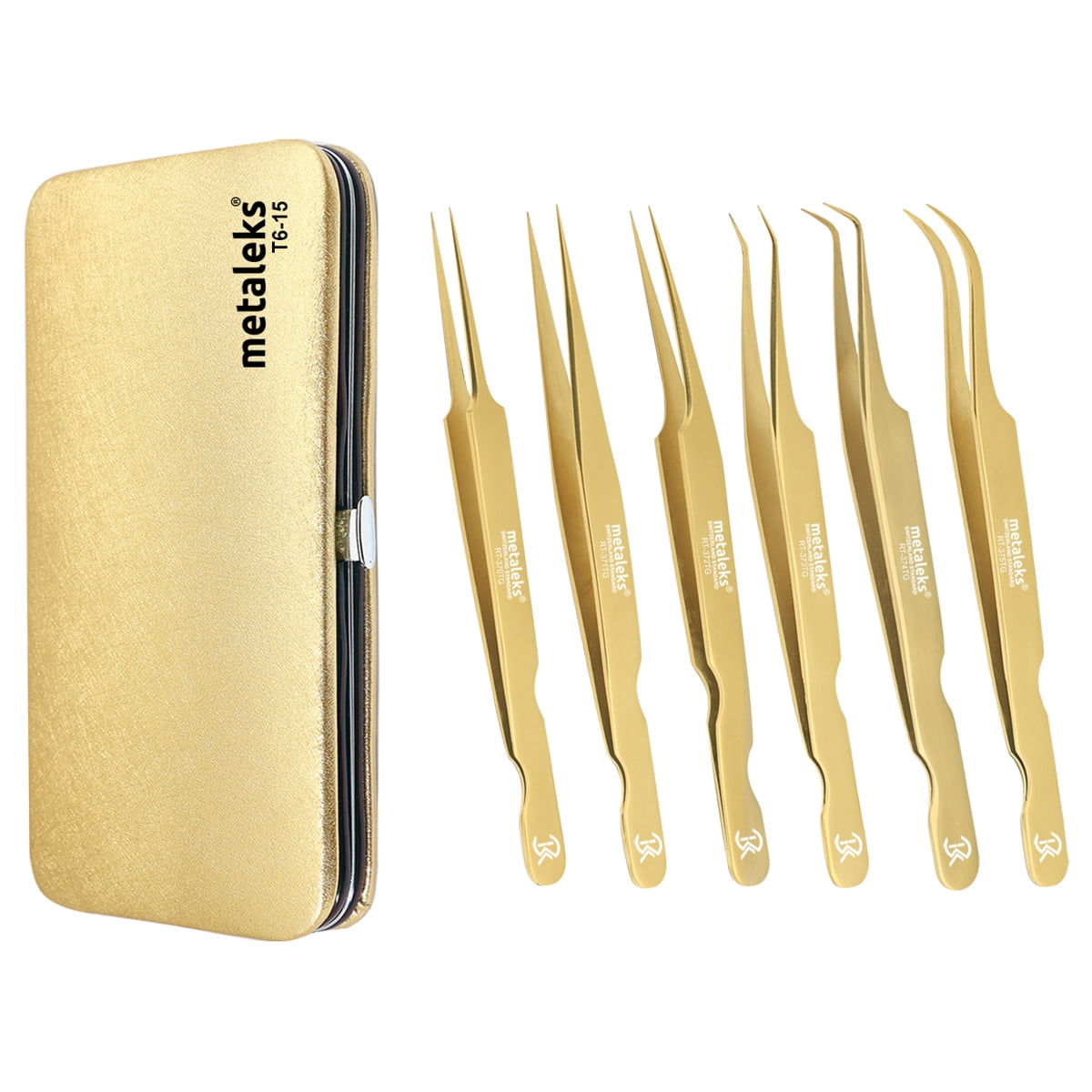 6PCS Complete Gold Titanium Coated Eyelash Extension Tweezers Set With Gold Metallic Magnetic Pouch