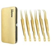 6PCS Complete Gold Titanium Coated Eyelash Extension Tweezers Set With Gold Metallic Magnetic Pouch