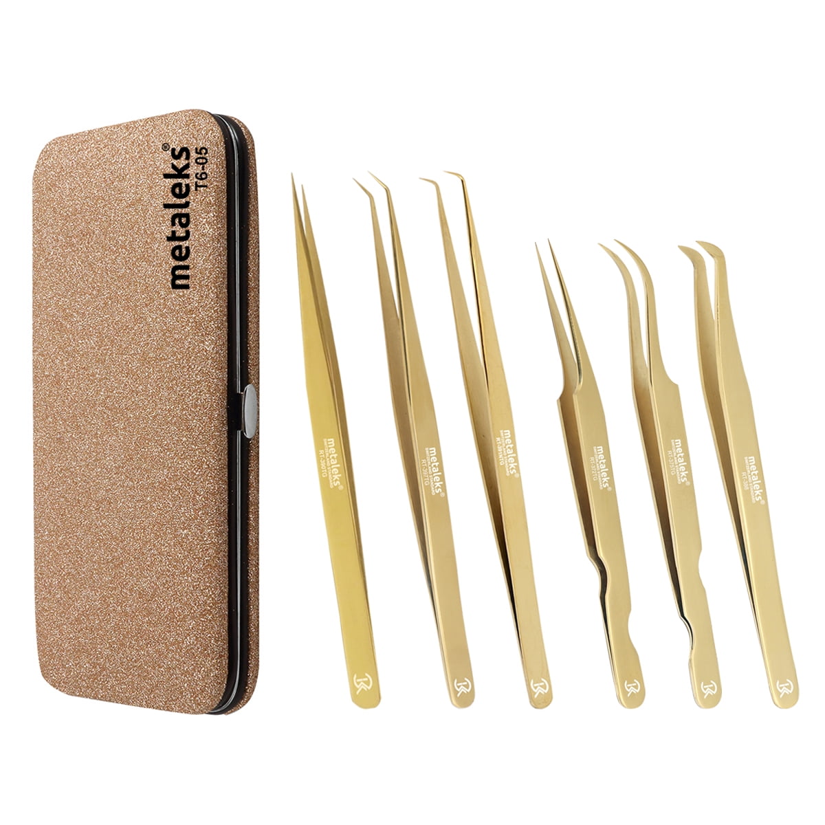 6PCS Complete Golden Titanium Coated Eyelash Extension Tweezers Set In Copper Color Glitter Magnetic Kit - Made of Japanese Stainless Steel