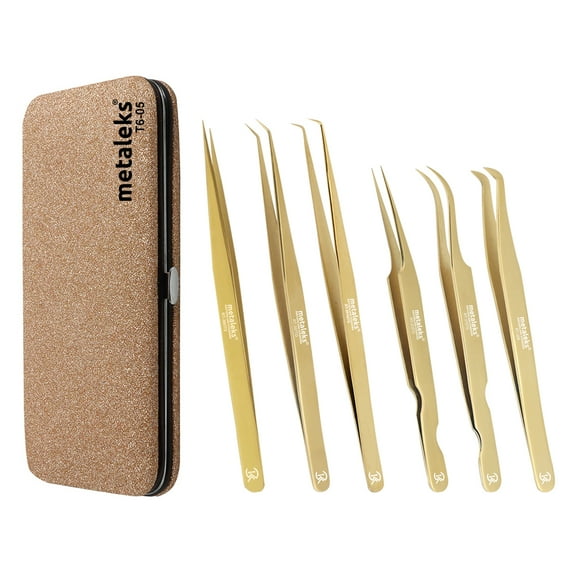 6PCS Complete Golden Titanium Coated Eyelash Extension Tweezers Set In Copper Color Glitter Magnetic Kit - Made of Japanese Stainless Steel