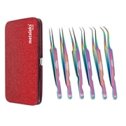 6PCS Complete Multi Titanium Coated Eyelash Extension Tweezers Set With Red Metallic Magnetic Pouch
