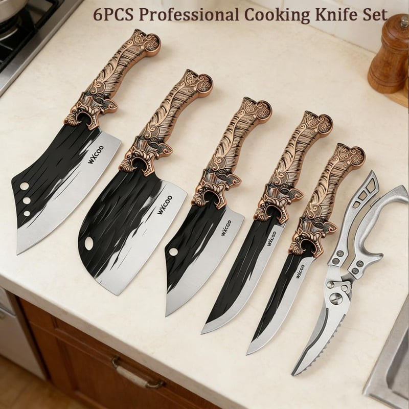 6PCS Cooking Knife Set Includes Stainless Steel Kitchen Knives with Ergonomic Wooden Handles and Handmade Kitchen Scissors Meat Cleaver Fruit Knife for Household Cooking Gifts for Men