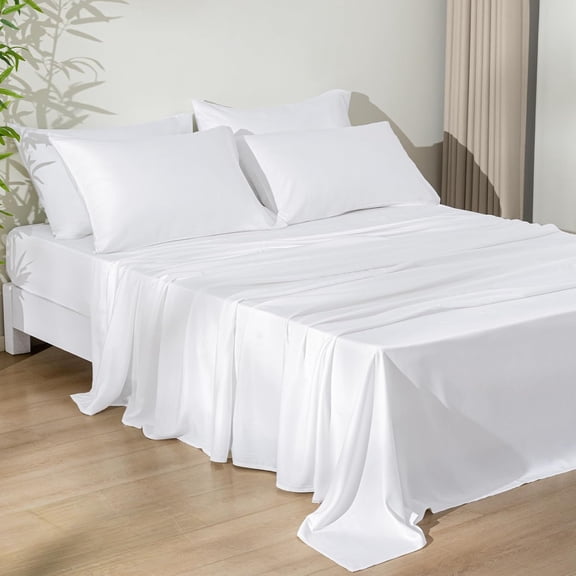 Tivkeber Queen Cooling Sheets Set, 6PCS Rayon from Bamboo for Hot Sleepers, Wider Elastic & 16" Deep Pockets, Silky Soft Breathable Bedding, White