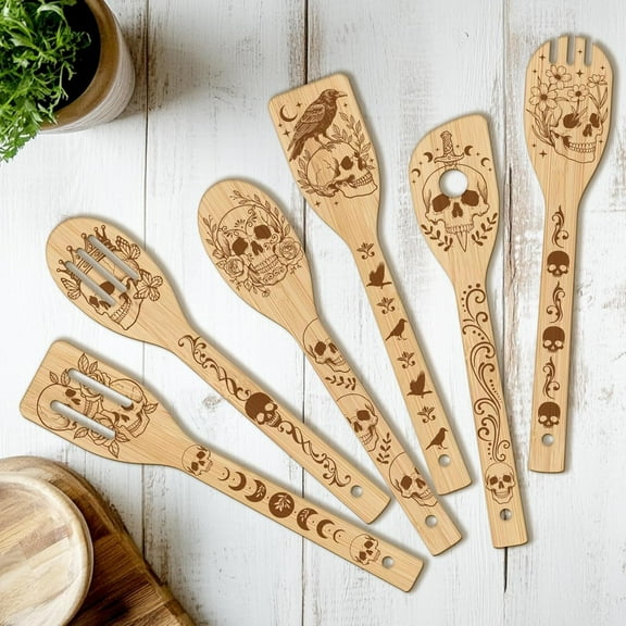 6PCS Crow Wooden Kitchen Cooking Utensil Set Non Toxic Bamboo Wood Spoon Set for Cooking Best Housewarming Birthday Thanksgiving Christmas Gift for Women Mother