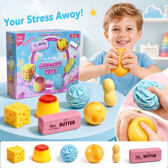 6PCS Crunchy Squishy Pack Mystery Box Asmr Feel Set Asmr Squishy Crunchy Butter Bead Filled Realistic Food Stress Ball Party Favor Gifts for Adults