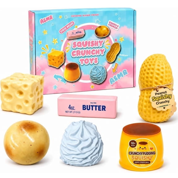 6PCS Crunchy Squishy Slow Crunchy Squishies Squeeze Stress Ball Butter Cheese Pudding Peanuts Cream Potatoes Asmr Filled, Stress Stick Rebound Calming Desk Decor Moldable Adults Party Favor