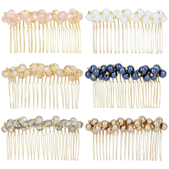 6PCS Crystal Diamond Pearl Rhinestone Glitter Sparkly Decorative Metal Side Hair Combs Teeth Slide Hair Clips Barrettes French Twist Thick Hair Holder for Women Girls