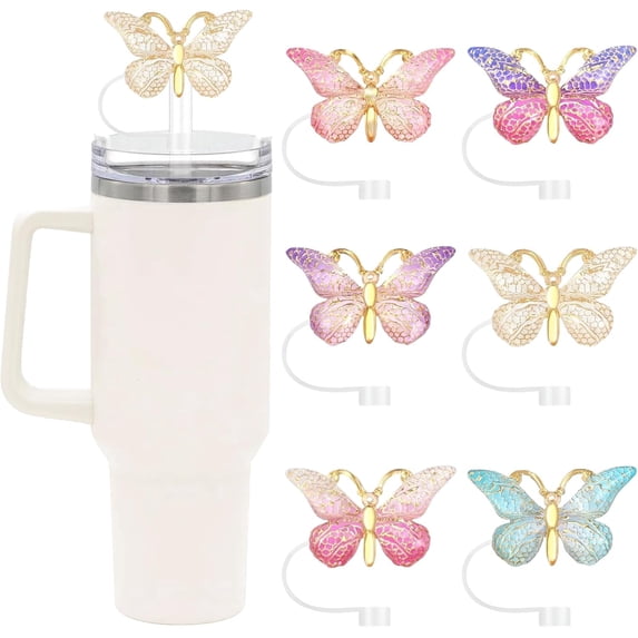 6PCS Cute Butterfly Straw Cover Cap for Stanley Cup Accessories,Bling Straw Toppers for Stanley Tumbler 40&30 oz,Reusable Straws Tips Protectors Compatible with 10mm Straws