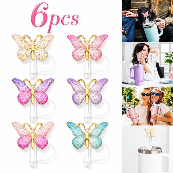 6PCS Cute Butterfly Straw Cover Cap for Stanley Cup Accessories,Bling Straw Toppers for Stanley Tumbler 40&30 oz,Reusable Straws Tips Protectors Compatible with 10mm Straws