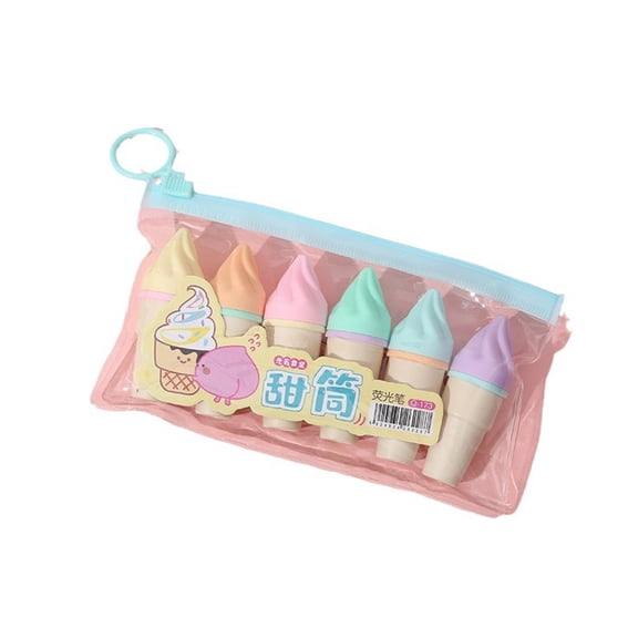6PCS Cute Mini Highlighter Pen Kawaii Ice Cream Shape Fluorescent Marker Pens