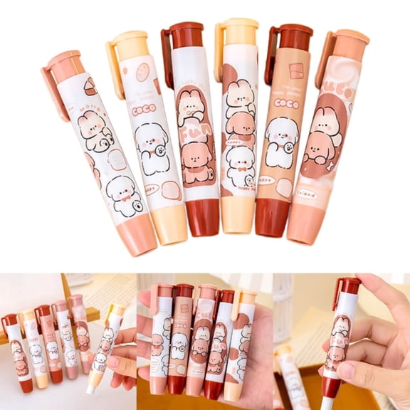6PCS Cute Retractable Rubber Erasers Clean Smudge Removal Stationery For Adult Office Draft Document Correction Work