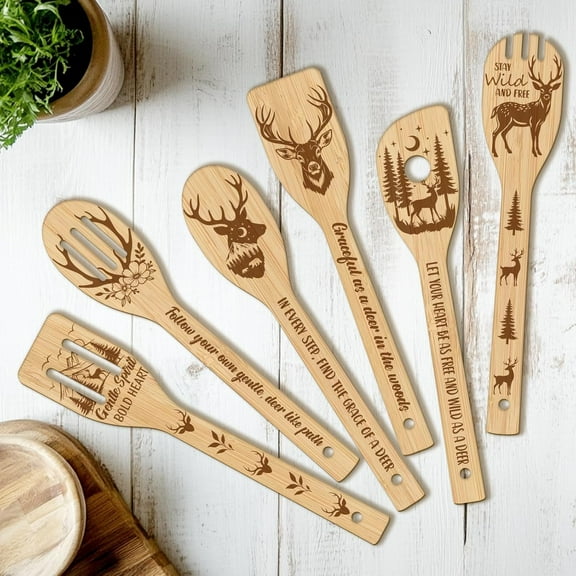 6PCS Deer Wooden Kitchen Cooking Utensil Set 11.9in Non Toxic Bamboo Wood Spoon Set for Cooking Best Housewarming Birthday Thanksgiving Christmas Gift for Women Mother for DIY