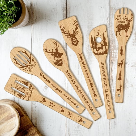 6PCS Deer Wooden Kitchen Cooking Utensil Set 11.9in Non Toxic Bamboo Wood Spoon Set