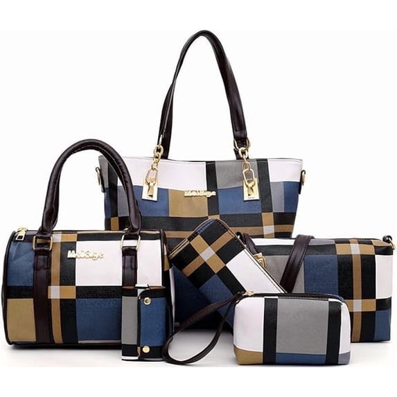 6PCS Designer Purses & Handbags for Women Satchel Shoulder Bag Tote Top Handle Bag - Blue