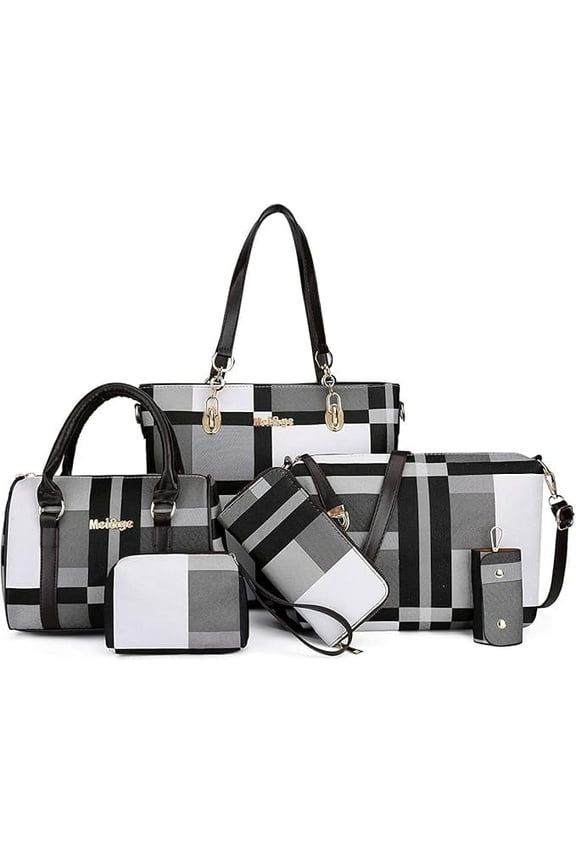 6PCS Designer Purses & Handbags for Women Satchel Shoulder Bag Tote Top Handle Bag - Gray