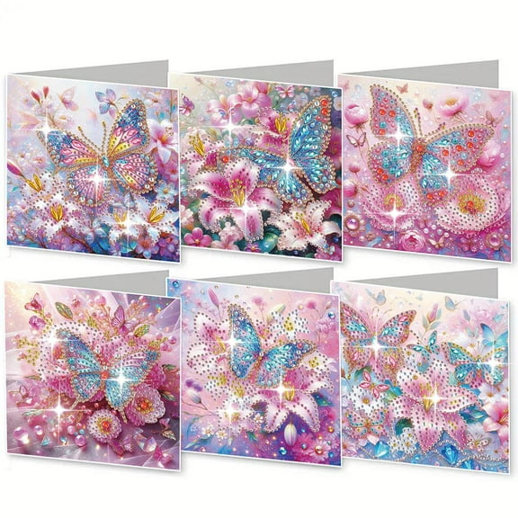 6PCS Diamond Art Greeting Card Kit 15x15cm, DIY Rhinestone Painting Cards Set, Handmade Craft Blessing Cards for Birthday Holiday Gift