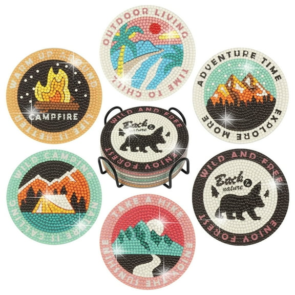 6PCS Diamond Painting Coasters w/ Holder, Camping Style Diamond Coaster Mountain