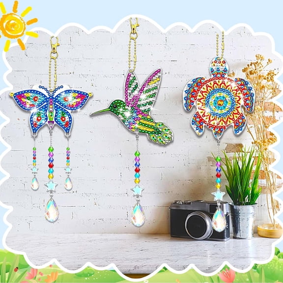 6PCS Diamond Painting Suncatcher Wind Chime Hummingbird Diamond Painting Kits 5D Double Sided Hanging Ornaments with Crystal Pendant for Adults Kids Home Garden Window Decoration