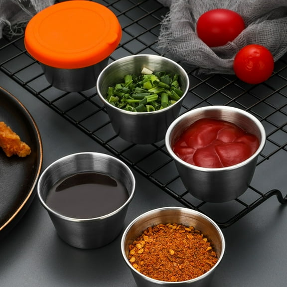 6PCS Dipping Sauce Cup 70ml,304 Stainless Steel Round Mini Dip Bowls,Reusable Metal Condiment Cups Ramekins Containers with Lids,Outdoor BBQ Sauces Plates for Party Home Restaurant Kitchen
