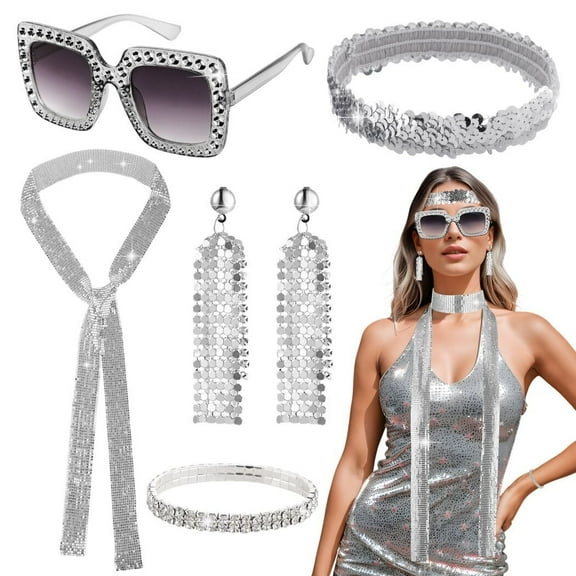 6PCS Disco Party Outfit, Women Disco Ball Earrings, Sequin Disco Scarf Necklace Rhinestone Glasses, Disco Party Favors Supplies Club Musical Festival Outfit