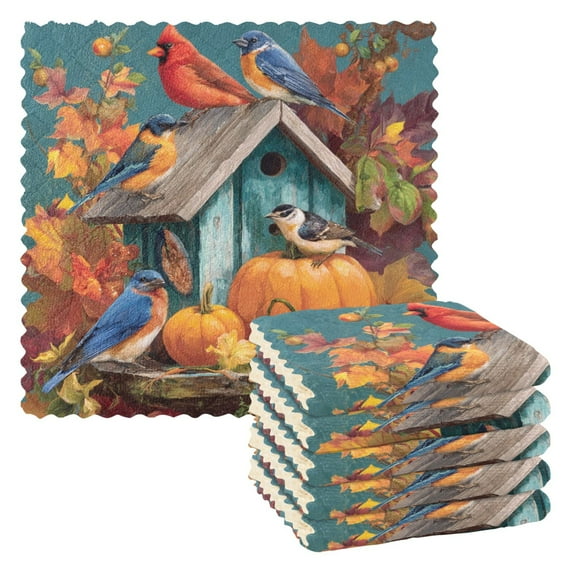 6PCS Dish Towels and Dish Cloths Reuseable Dishcloths Sets for Washing Dishes, Cooking, Baking Size 11" x 11" Birdhouse and Colorful Birds