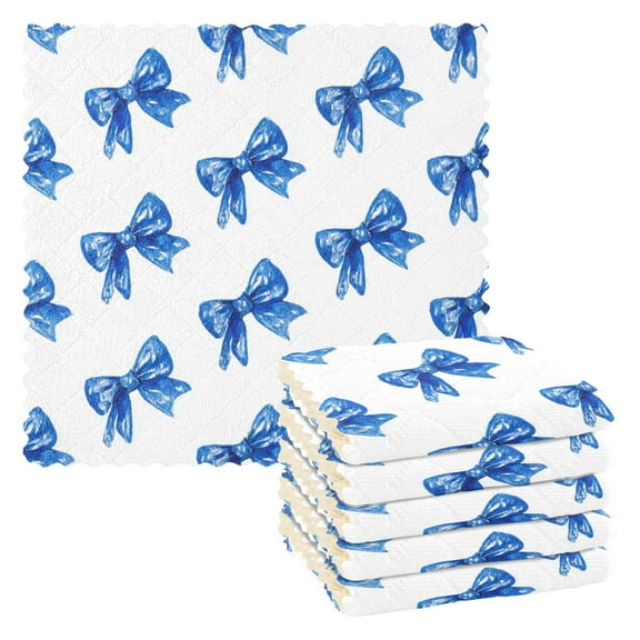6PCS Dish Towels and Dish Cloths Reuseable Dishcloths Sets for Washing Dishes, Cooking, Baking Size 11" x 11" Blue Bows Pattern
