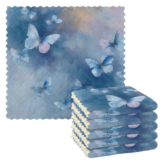 6PCS Dish Towels and Dish Cloths Reuseable Dishcloths Sets for Washing Dishes, Cooking, Baking Size 11" x 11" Blue Butterflies Flying