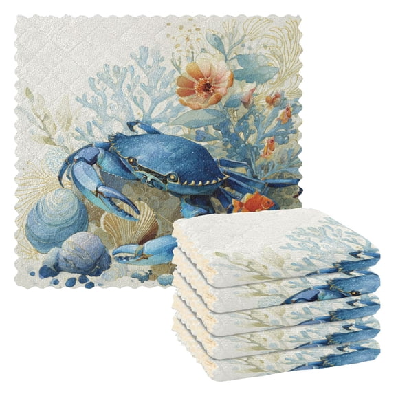 6PCS Dish Towels and Dish Cloths Reuseable Dishcloths Sets for Washing Dishes, Cooking, Baking Size 11" x 11" Blue Crab and Shells