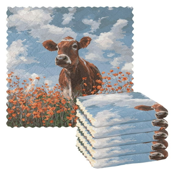 6PCS Dish Towels and Dish Cloths Reuseable Dishcloths Sets for Washing Dishes, Cooking, Baking Size 11" x 11" Brown Cow