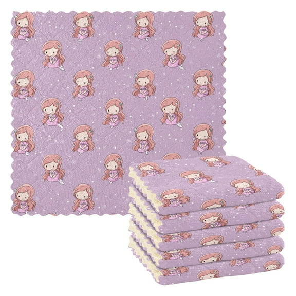 6PCS Dish Towels and Dish Cloths Reuseable Dishcloths Sets for Washing Dishes, Cooking, Baking Size 11" x 11" Cartoon Mermaid Pattern