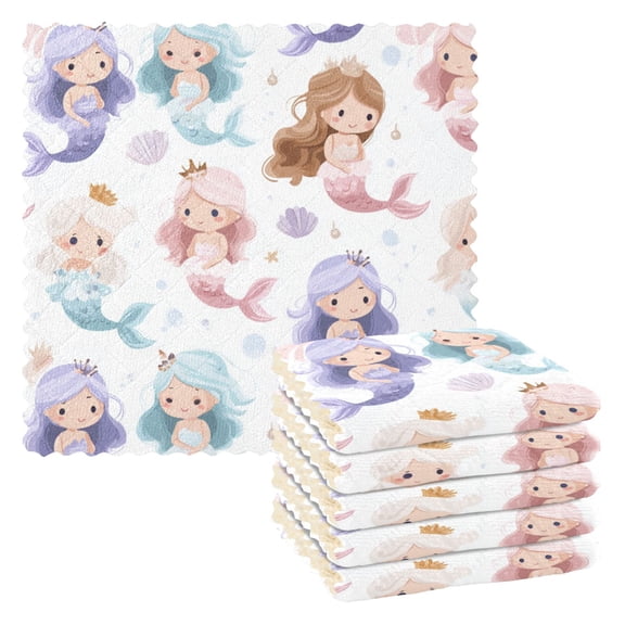 6PCS Dish Towels and Dish Cloths Reuseable Dishcloths Sets for Washing Dishes, Cooking, Baking Size 11" x 11" Cartoon Mermaids
