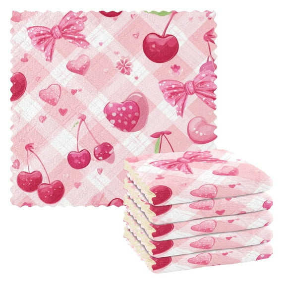 6PCS Dish Towels and Dish Cloths Reuseable Dishcloths Sets for Washing Dishes, Cooking, Baking Size 11" x 11" Cherry and Pink Bow Pattern