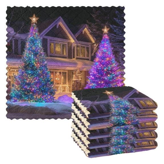 6PCS Dish Towels and Dish Cloths Reuseable Dishcloths Sets for Washing Dishes, Cooking, Baking Size 11" x 11" Christmas Trees with Lights
