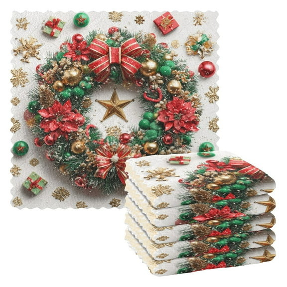 6PCS Dish Towels and Dish Cloths Reuseable Dishcloths Sets for Washing Dishes, Cooking, Baking Size 11" x 11" Christmas Wreath Pattern