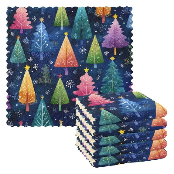 6PCS Dish Towels and Dish Cloths Reuseable Dishcloths Sets for Washing Dishes, Cooking, Baking Size 11" x 11" Colorful Christmas Trees Pattern