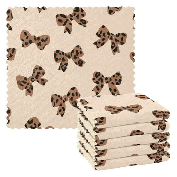 6PCS Dish Towels and Dish Cloths Reuseable Dishcloths Sets for Washing Dishes, Cooking, Baking Size 11" x 11" Cute Brown Bow