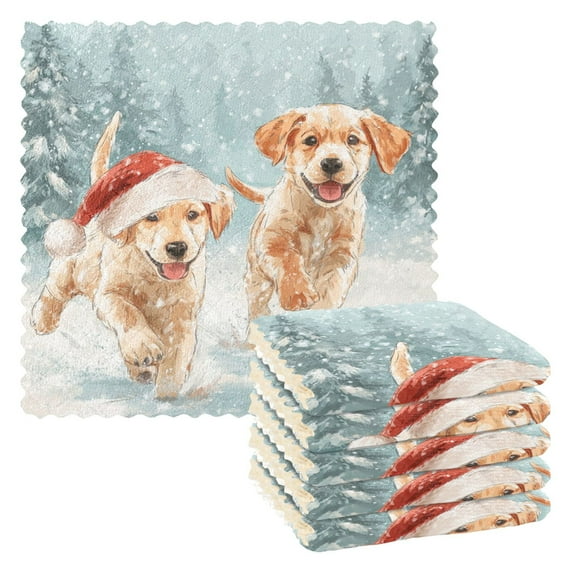 6PCS Dish Towels and Dish Cloths Reuseable Dishcloths Sets for Washing Dishes, Cooking, Baking Size 11" x 11" Cute Brown Dog Wearing Hats