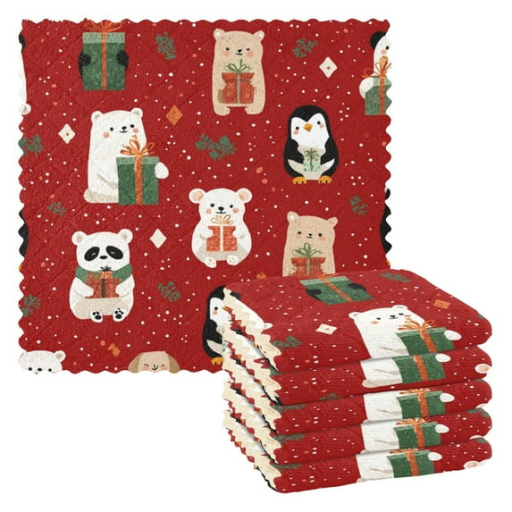 6PCS Dish Towels and Dish Cloths Reuseable Dishcloths Sets for Washing Dishes, Cooking, Baking Size 11" x 11" Cute Christmas Animals