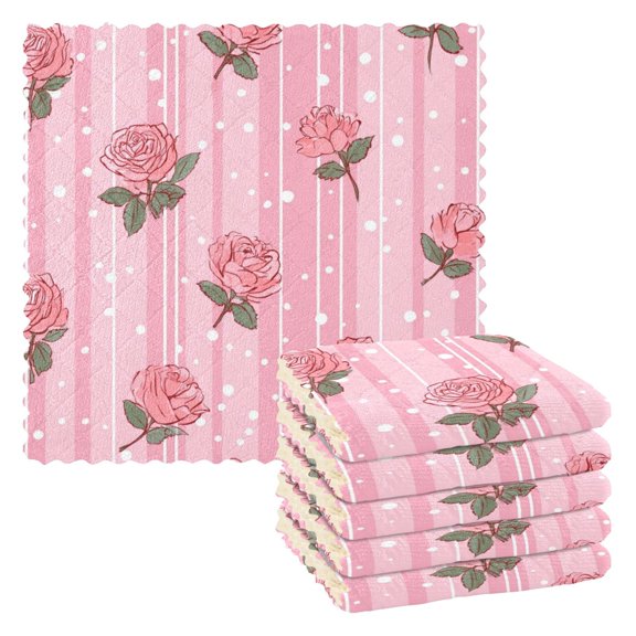 6PCS Dish Towels and Dish Cloths Reuseable Dishcloths Sets for Washing Dishes, Cooking, Baking Size 11" x 11" Cute Rose Pattern