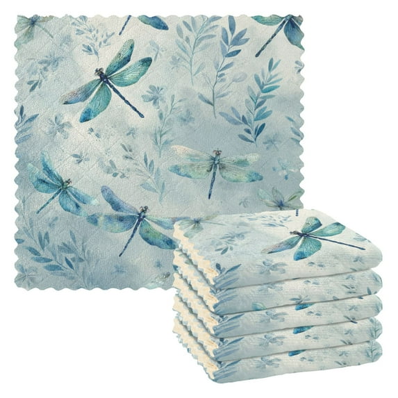 6PCS Dish Towels and Dish Cloths Reuseable Dishcloths Sets for Washing Dishes, Cooking, Baking Size 11" x 11" Delicate Dragonflies Pattern