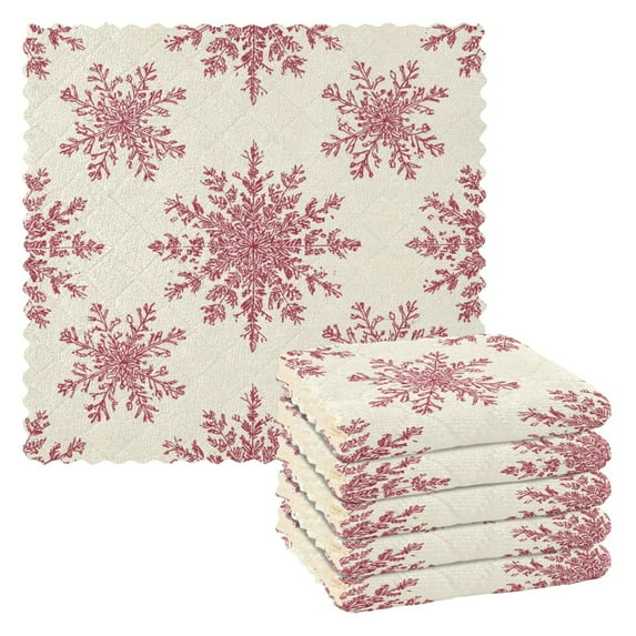 6PCS Dish Towels and Dish Cloths Reuseable Dishcloths Sets for Washing Dishes, Cooking, Baking Size 11" x 11" Elegant Red Snowflakes Pattern
