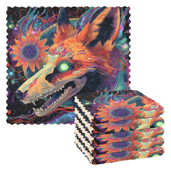 6PCS Dish Towels and Dish Cloths Reuseable Dishcloths Sets for Washing Dishes, Cooking, Baking Size 11" x 11" Fox Skull