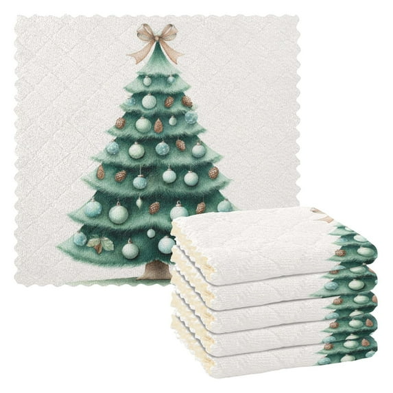 6PCS Dish Towels and Dish Cloths Reuseable Dishcloths Sets for Washing Dishes, Cooking, Baking Size 11" x 11" Green Christmas Tree with Baubles