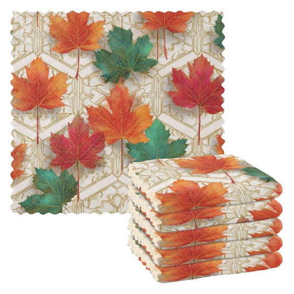 6PCS Dish Towels and Dish Cloths Reuseable Dishcloths Sets for Washing Dishes, Cooking, Baking Size 11" x 11" Green and Red Maple Leaves