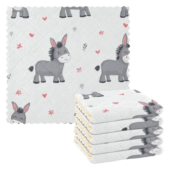 6PCS Dish Towels and Dish Cloths Reuseable Dishcloths Sets for Washing Dishes, Cooking, Baking Size 11" x 11" Grey Cute Donkeys Pattern
