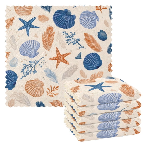 6PCS Dish Towels and Dish Cloths Reuseable Dishcloths Sets for Washing Dishes, Cooking, Baking Size 11" x 11" Hand-drawn Shell Pattern